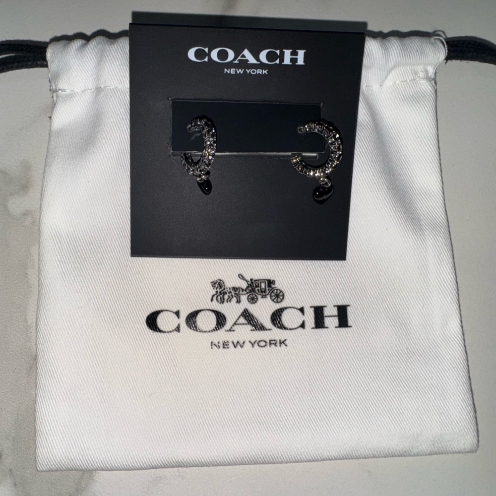 Coach Black & Silver Gemstone + Heart ❤️ Huggie Earrings